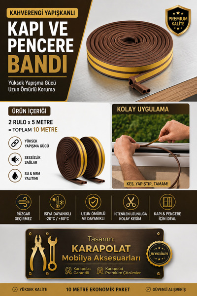 KARAPOLAT Yapışkanlı Kapı Pencere Bandı Fitili Kahverengi 5x2=10 Metre | Isı,...