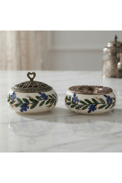 sharp&art EL İŞLEMESİ, METAL KAPAKLI SERAMİK ŞEKERLİK VE KÜLLÜK SETİ (12 cm)