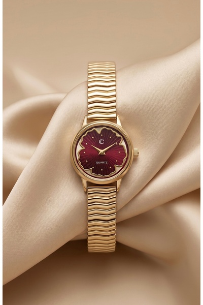 KLISHE Women's Steel Watch Gold Burgundy Flower Dial Luxury Vintage Watch Old...
