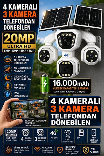 TRCharger TR-C407 4 Kameralı 20MP 3 Kamerası Telefondan Döner PTZ 4G Güneş En...