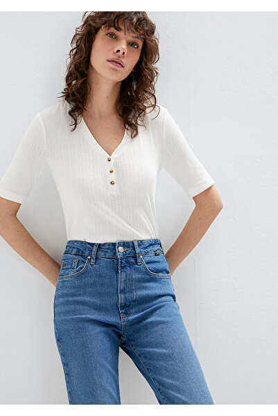 Mavi Ecrufarbenes Strick-T-Shirt mit V-Ausschnitt, figurbetont 1613761-70057