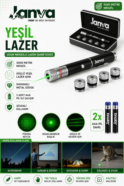 Janva 5 Başlıklı Yeşil Lazer Pointer Pilli 50 Km Etkili (5 Başlıklı)