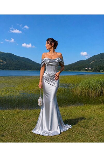 Modafeminen Gray Draped Collar Slim Pearl Detailed Corseted Satin Evening Dre...