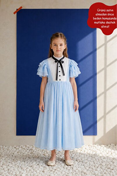 Eray Kids Kolları Fırfırlı Pileli Şifon Uzun Kız Çocuk Abiye Elbise