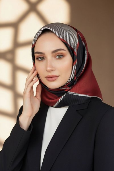Vissona %100 Twill İpek Geometrik Desenli Bordo Renkli 90x90 Eşarp Dikim Şekl...