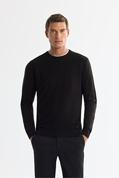 Avva Men's Black Crew Neck Textured Regular Fit Knitwear Sweater E005109