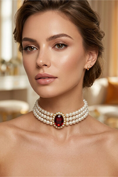Happyline Cam İncili Oval Gold Kaplama Kolye Tasma Bordo Taşlı Choker Kolye Ö...