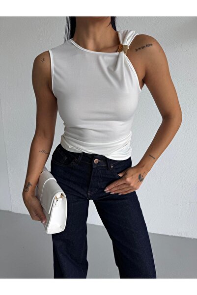 QUTTA Γυναικεία λευκή μπλούζα με έναν ώμο και αξεσουάρ, με λαιμόκοψη ποδηλάτο...