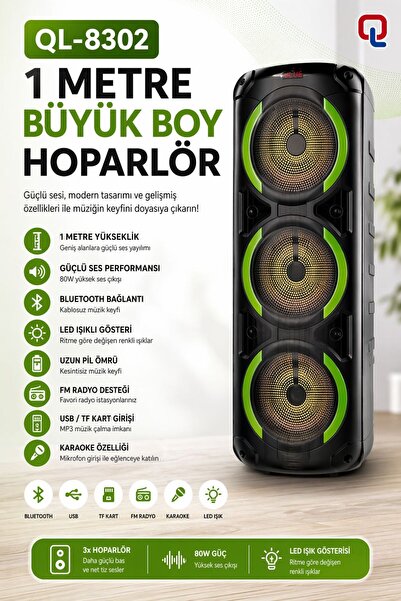 Bakeey QL-8302 Büyük Boy Bluetooth Hoparlör Güçlü Ses 1 Metre LED Işıklı Kara...