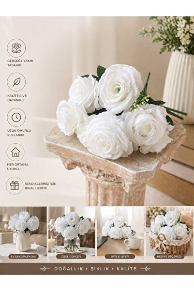 Yades White Powder Artificial Rose Bouquet - Decorative Non-Fading Premium Fl...