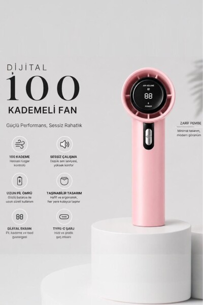 GÜZELYÜZ AVM Dijital Ekranlı 100 Kademeli Şarjlı Pembe Renk El Fanı Portatif ...