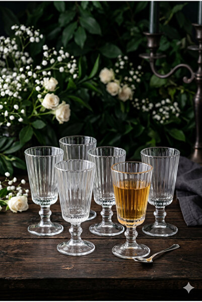 Selenica 6’lı Ayaklı Nervürlü Kahve Yanı Su Bardağı Seti - 120 ml Kristal Cam...