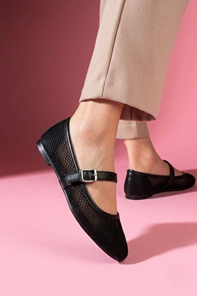 FUGA MODA Capri Black Mesh Ballerinas with Nickel Buckle Belt Strap
