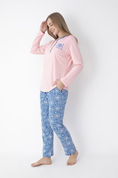 SENFONİ Pembe / Mavi Uzun Kollu %100 Pamuk Pijama Takımı – Rahat ve Konforlu Ev Giyimi