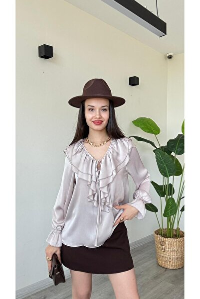 modadagiyim Γυναικεία μπλούζα πουκάμισο με κορδόνια και λεπτομέρειες στα μανί...