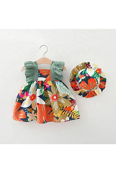 Little Dress Rochie de vacanță cu flori, bretele oliv cu volane și pălărie in...