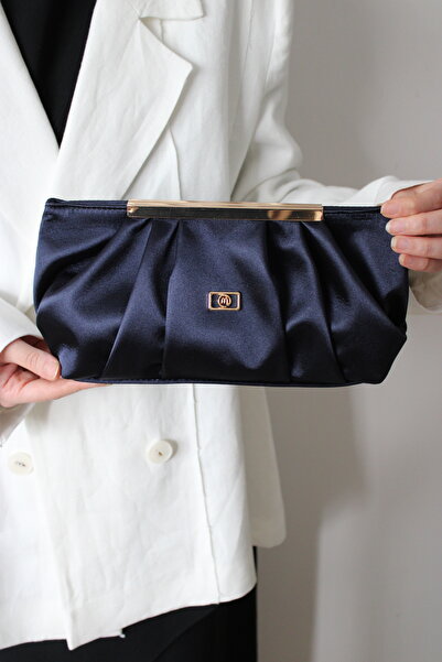 Mimoza Women's Saks Navy Blue Clucht Chain Hand and Shoulder Bag - Evening Bag