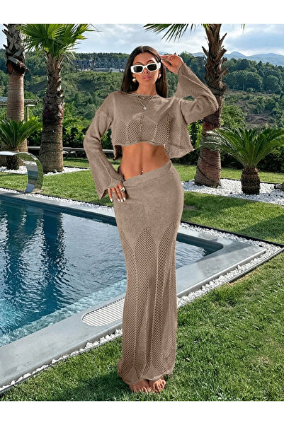 NAVO STUDIO Kadın Ajurlu Yaprak Desenli Triko Tatil Kombini Crop ve Maxi Etek...