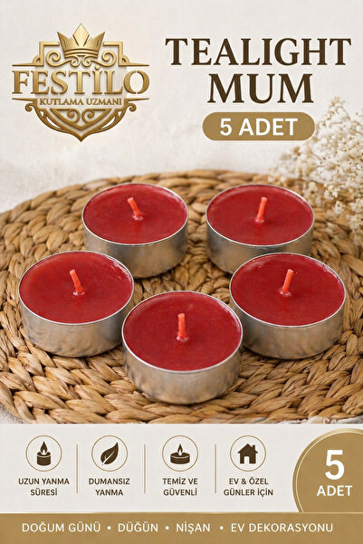 FESTİLO Tealight Mum 5 Adet Kalp Kırmızı Yuvarlak Kırmızı Beyaz Dekoratif Mum