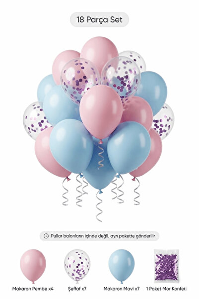 BALOMİS Makaron Mavi Pembe Balon Seti 18 Adet Modern Doğum Günü Parti Dekoras...