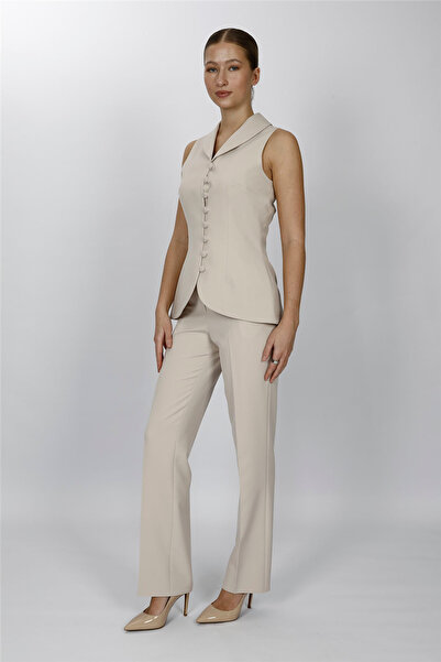 ÖNDER ÖZSOY Shawl Collar Patchwork Vest Set 1536505-Beige - 1536505