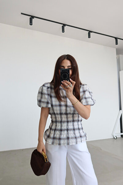 Özge Özgenç Balon Sleeve Plaid Blouse