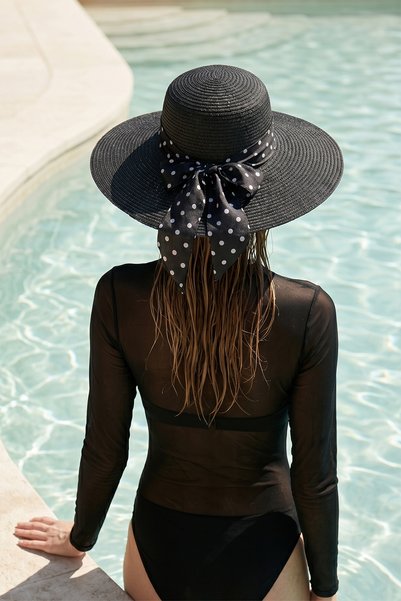 Remsa Mayo Polka Dot Ribbon Detail Straw Hat 2136 Black