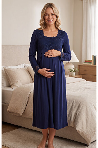 BLACKMORE Women's Navy Blue Lace Long Sleeve Cotton Maternity Nightie