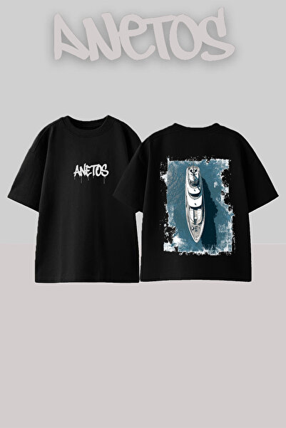 Anetos Luxury Yacht Design Back Printed Cotton Black Oversize T-Shirt