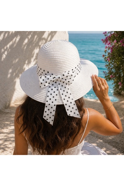 Z Store White Straw Hat for Women with Polka-Dot Ribbon