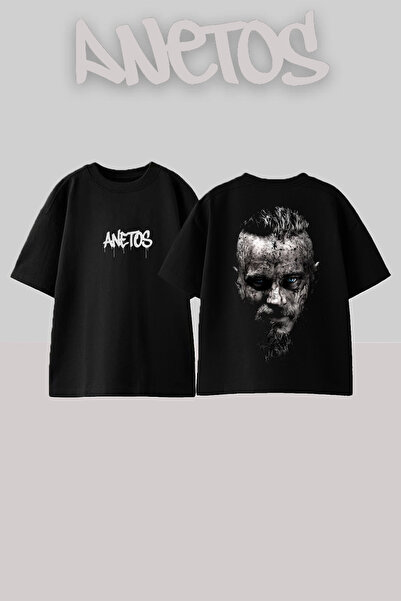 Anetos Tricou oversize negru din bumbac cu imprimeu pe spate Ragnar Lothbrok ...