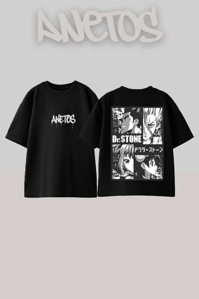 Anetos Μπλουζάκι Dr Stone Design με στάμπα στην πλάτη, βαμβακερό, μαύρο, over...