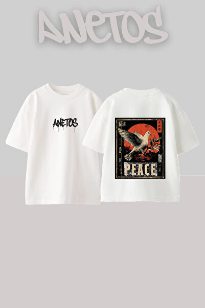 Anetos Tricou oversize alb din bumbac cu imprimeu pe spate Peace Dove Design