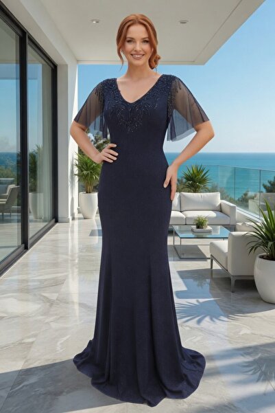 FaBe Fashion KISA TÜL KOLLU YAKASI İŞLEMELİ SİMLİ ÖRME ABİYE ELBİSE