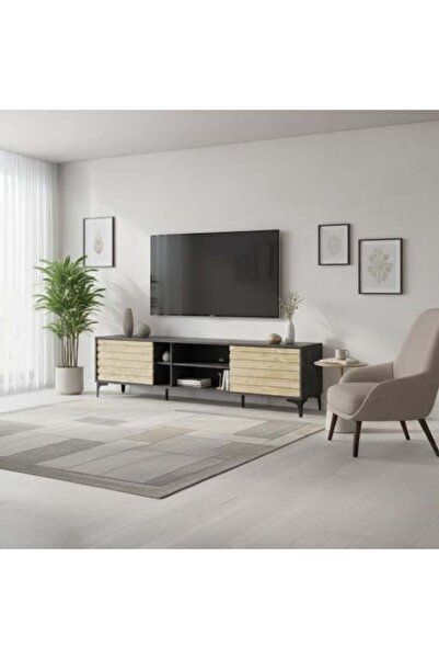 BAYTI Malaysian Wood Plasma Tv Table 200 Cm-Dark Gray and Beige