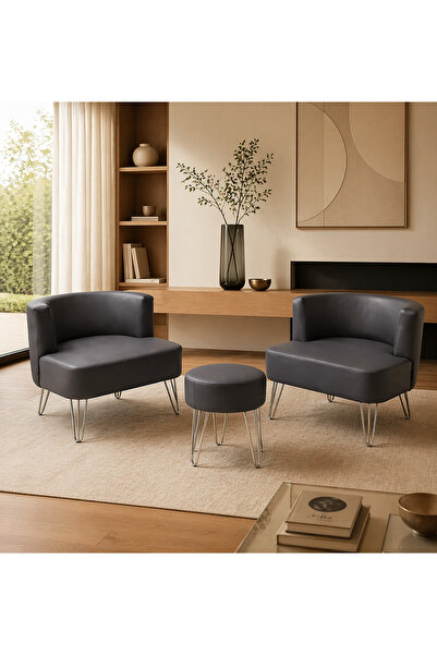 Pure Home Zoe 2'li Çay Seti Berjer Ve Puf Takımı Suni Deri
