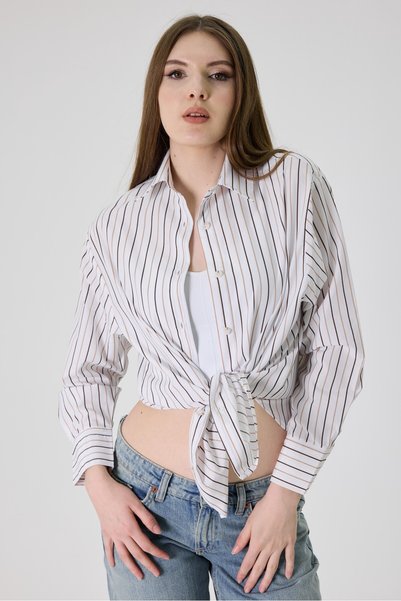 cracpot Women's White Camel Striped Shirt – 100% Cotton Regular Fit