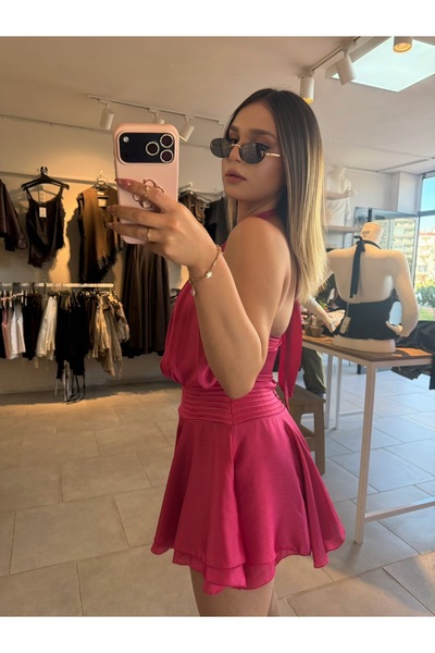 OEM Fuşya Saten Dokulu Halter Yaka Mini Elbise🌷🌷🌷🌷