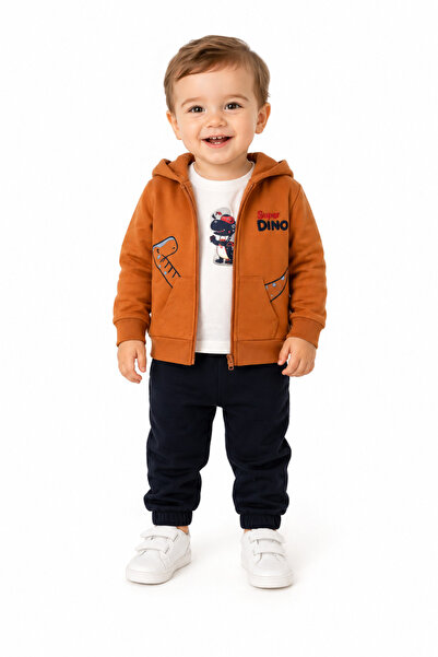 Chicsy Baby Erkek Bebek Dino Baskılı Kapüşonlu 3lü Takım Fermuarlı Hırka Tişö...