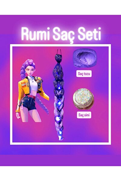 3b kids kpop rumi mor ışıklı saç +mor simli saç tozu seti