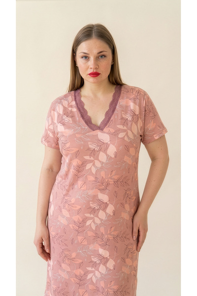 Arzey Pink Leaf Patterned Viscose Lace Detailed Short Sleeve Plus Size Dress