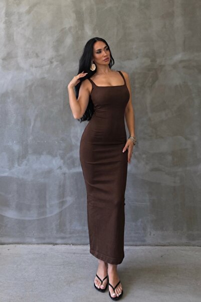 OKSOCOLLECTİON Kare Yaka Askılı Uzun Elbise