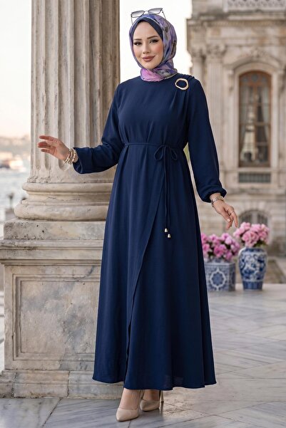 hafsamina Toka Detaylı Bağlamalı Ayrobin Elbise Lacivert HM2907
