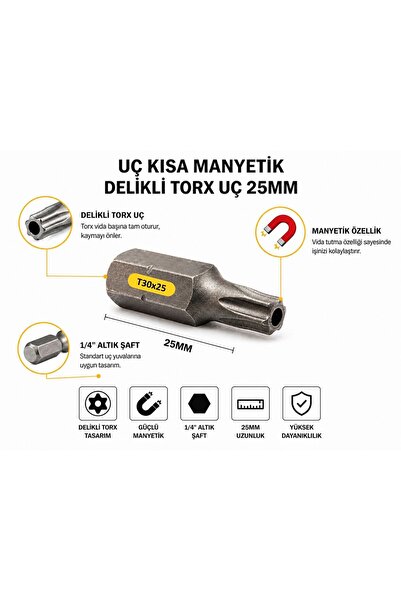 Mıknatıslı Bits Uç Torx Uzun Delikli Torx T30x25MM S2 Çelik Vidalama Bits Uç ( 20 Adet )