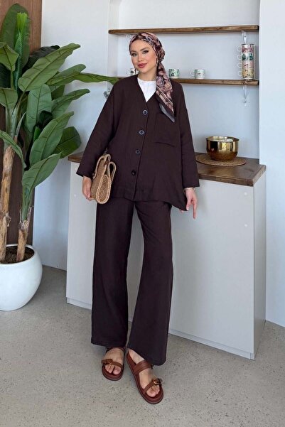 Şulemoda Giyim Σετ παντελονιού μουσελίνας σε καφέ χρώμα