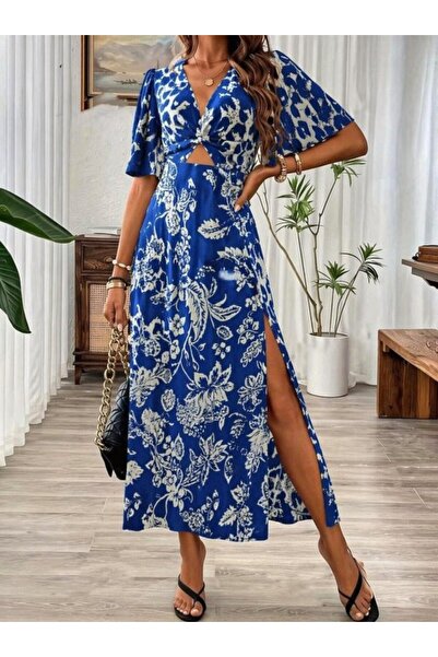 FRESCO SCARFS Γυναικείο κοντομάνικο φόρεμα με λαιμόκοψη V, ελαστική μέση, σκί...