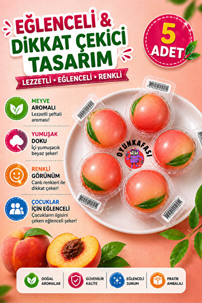 OYUNKAFASI Şeftali Şekilli Yumuşak Şeker 5 Adet Jel Şeker Meyve Aromalı Eğlen...