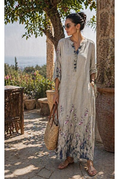 espoire butik kadın italyan keten uzun oversize desenli elbise 44 464 48 bede...
