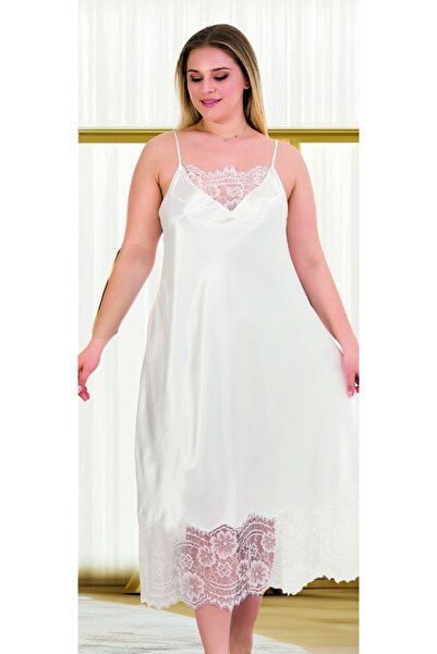 hediyem Lace Embroidered Luxury Satin Nightgown - Ecru/White