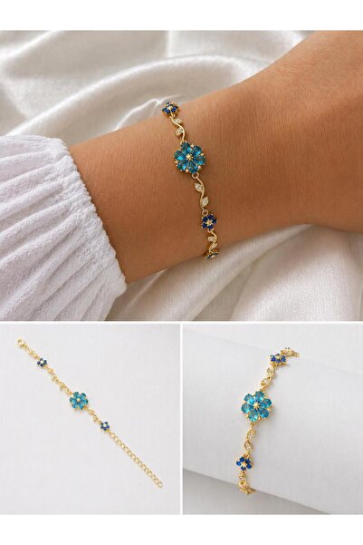 shop Gold Mavi Taşlı Çiçek Figürlü Şık Kadın Bileklik